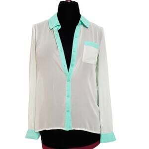 Maurices Women's Colorblock Semi Sheer Green White Button Down Collared Blouse